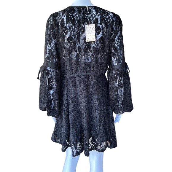 Free People Ruby Lace Mini Dress Balloon Sleeve Black BOHO Witchy Romantic Goth - Picture 8 of 16